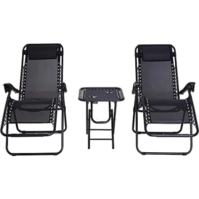 Image of HMWD Set Of 2 Folding Garden Chairs With Cup And Phone Holder, Zero Gravity Reclining Sun Loungers Outdoor, Adjustable, Textiline, Portable Recliner Black