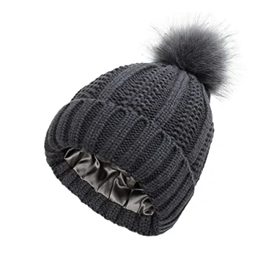 Image of TOEECY Winter Hats for Women Pom Beanie Hat Satin Lined Faux Fur Beanies Warm Cable Knit Protect Hairstyle Soft Bobble Ladies (Dark Grey)