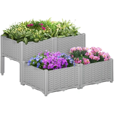 Image of Outsunny 40cm x 44cm 26L Set of 4 Garden Raised Bed Elevated Patio Flower Plant Planter Box PP Vegetables Planting Container, Grey
