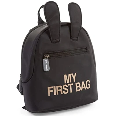 Image of CHILDHOME, Baby Backpack, School, Kindergarten, Nursery, Two Compartments, Lunchbag/Bottle Capacity, Removable Safety Buckle, Waterproof, My First Bag, Black and Gold