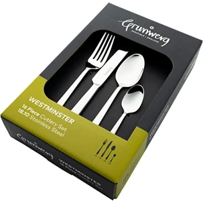 Image of Grunwerg Westminster 16 Piece Boxed Mirror Cutlery Set, 18/10 Stainless Steel, 4 x Table Knives, Forks, Dessert Spoons, Teaspoons