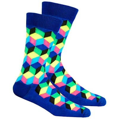 Image of Mens Crew Funky Socks Mid Calf Colorful Blue Cubes Abstract Size 6 11