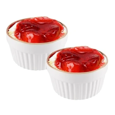 Image of Ramekins Ceramic Porcelain Souffle Crème Brulee Dishes Small Oven Baking Bowls for Dips, Sauces, Custard, Puddings, Snacks, White 200ml 9x5cm 2PC