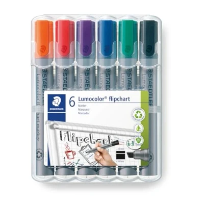 Image of STAEDTLER 356 B WP6 Lumocolor Flipchart Markers, Chisel Tip 2 5mm Line Width Assorted Colours (Pack of 6)