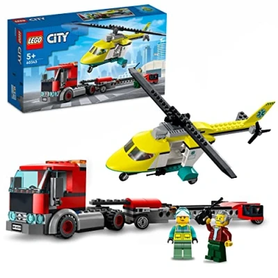 Image of LEGO City Rescue Helicopter Transport 60343 Building Kit for Children Aged 5 and Up, Featuring a Toy Truck with Trailer, Plus Driver Pilot Minifigures (215 Pieces)