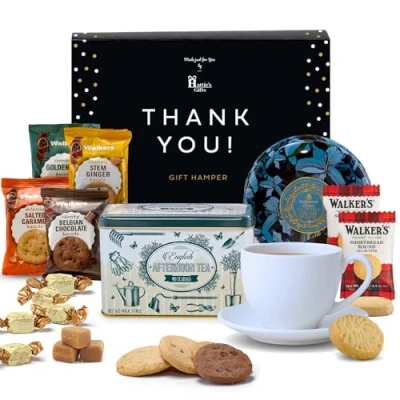 Image of Hattie&#039;s Gifts Thank You Hamper English Tea Gift Set Includes Afternoon Tea, Clotted Cream Fudge, Shortbread Biscuits, &amp; Jams 10 Piece Hampers Gourmet Christmas