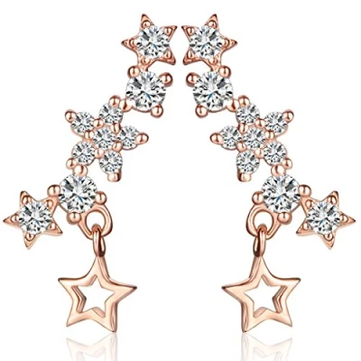 Image of Yumilok Jewelry 925 Sterling Silver Rose Gold Plated Cubic Zirconia Womens Stars Flowers Studs Ear Cuffs Wrap Earrings, Hypoallergenic