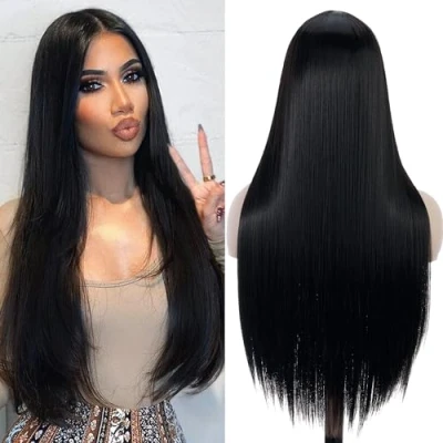 Image of PORSMEER Long Black Straight Wigs for Womens Girls Natural Silky Synthetic Hair Wig Heat Resistant Fibers,Cosplay Halloween Costume Party or Everyday Wear,26 inch 70CM