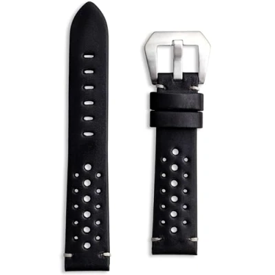 Image of Buckle &amp; Stitch Leather Rally Watch Strap Navy Blue 20mm Replacement Handmade Perforated Racing Style Band Spring Bars and Tool Included (20mm, Blue)