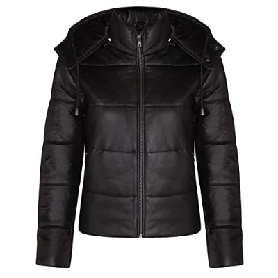 Image of Ladies Puffer Black Leather Bomber MA 1 Varsity Hooded Jacket 2XL