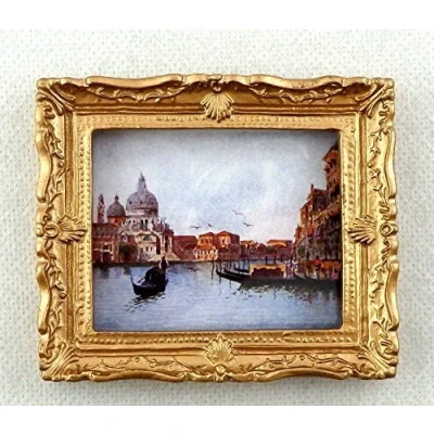 Image of Melody Jane Dolls House Miniature Venice Canal Scene Picture Painting Gold Frame