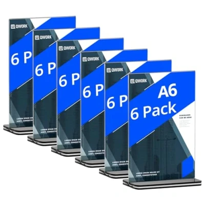 Image of QWORK® 6 Pack A6 Acrylic Sign Holder with Base, Double Sided Display Stand Poster Menu for Office Hotel Restaurant Exhibition Wedding