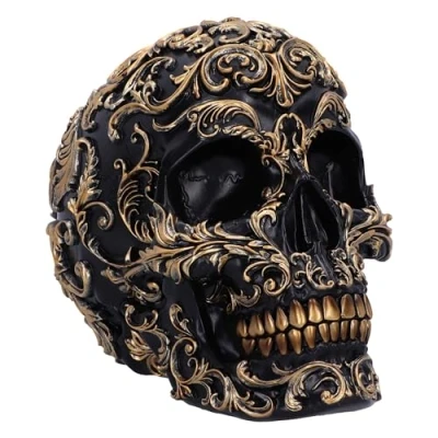 Image of Nemesis Now Renaissance Skull 19cm, Resin, Black &amp; Gold, Gold Baroque Style Pattern, Ornament, Gothic Décor, Cast in the Finest Expertly Hand Painted