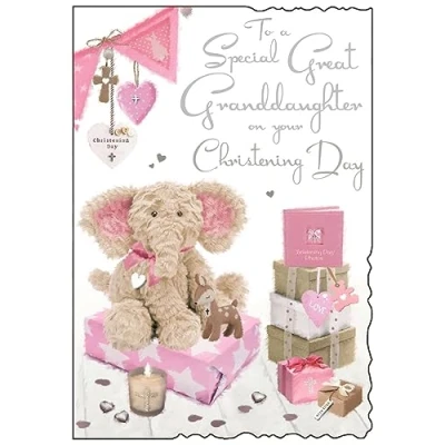 Image of Jonny Javelin Special Great Granddaughter Christening Day Card Girl Elephant Teddy