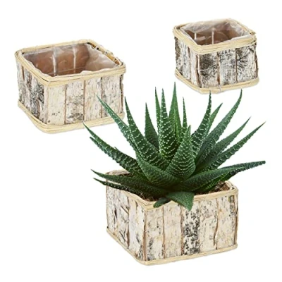 Image of Relaxdays 3x Square Flowerpots, Birch Bark, Flowers &amp; Herbs, Plant Baskets with Foil Lining, in 3 Sizes, Wooden, Natural, Wood, 14 x 22.5 cm