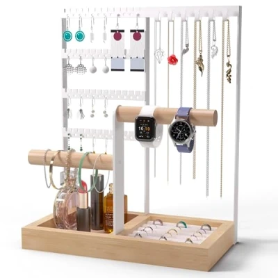 Image of Benxdara Jewellery Stand Organiser, 4 Tier Necklace Holder Display with Organizer &amp; Earring Holes, Wooden Ring Tray for Bracelets Watches Earrings Rings, White