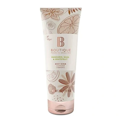 Image of Boutique Mandarin, Basil &amp; Grapefruit Fragrance Body Scrub, 225ml, Exfoliating Scrub Refreshing Essential Oils Vegan and Cruelty Free, No SLS or Parabens Made In England