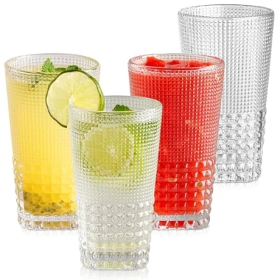 Image of TKNO 4X 424ml Embossed Highball Glasses Tall Hi Ball Glass Water Gin Beer Milk Juice Cocktail Drinking Glassware, Vintage Bubble Beverage Tumblers Set, Ideal for Home, Restaurant, Events &amp; Parties