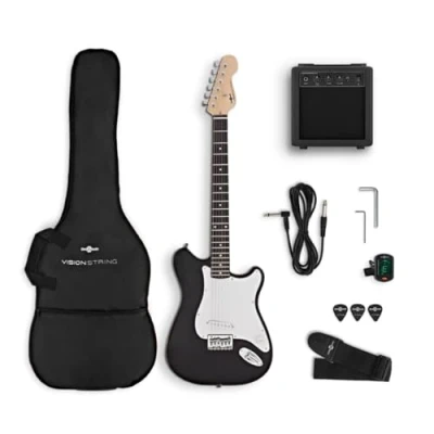 Image of Full Size Electric Guitar Kit Starter Pack with Amp for Beginners VISIONSTRING, Black