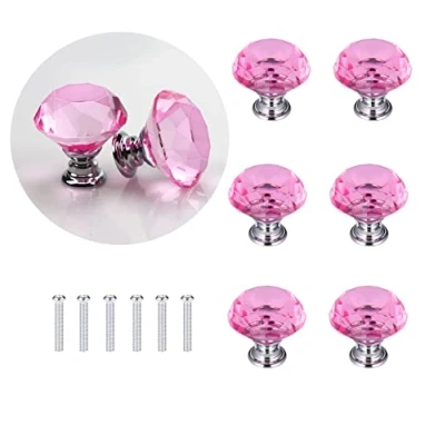 Image of 6 PCS Pink Crystal Door Knobs 30mm Glass Drawer Cupboard Cabinet Handle Pull with Screw, Diamond Pulls Screws for Home Kitchen Office Decoration
