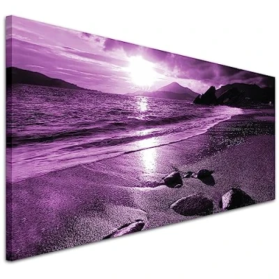 Image of Wallfillers Cheap Purple Canvas Pictures of a Beach Sunset Modern Seascape Wall Art 118x49cm
