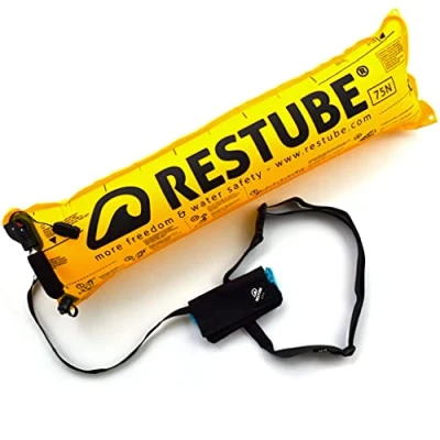 Image of Restube Unisex&#039;s Active Safety Adults and Kids Open Water Swim Help Swimmers Stay Afloat One Pull Inflatable Mechanism Life Buoy with Whistle, Black/Ice Mint, Small, RT 01201 HBI