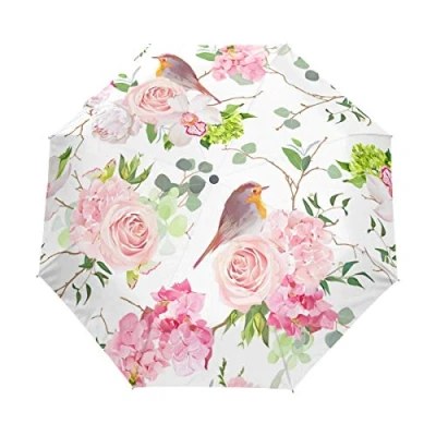 Image of Jeansame Rose Peony Robin Birds Floral Flowers Spring Folding Compact Umbrella Automatic Rain Umbrellas for Women Men Kid Boy Girl