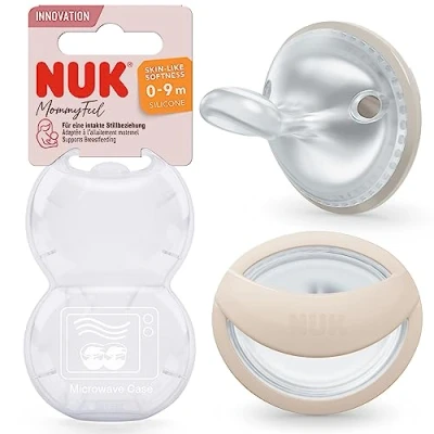 Image of NUK MommyFeel Baby Dummy, 0 9 Months, Breastfeeding Friendly Teats, BPA Free Silicone, Greige &amp; Sandstone, Pack of 2