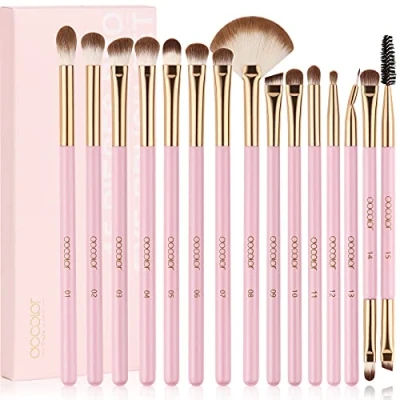Image of Docolor Eye Makeup Brushes 15Pcs Synthetic Eyeshadow Brush Set with Soft Hairs Professional Shadow Blending Concealer Eyebrow Liners Premium Make Up Set(Pink)