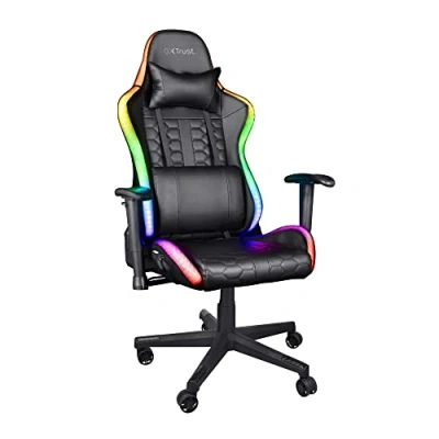Image of Trust Gaming Chair with RGB LED illuminated Edges GXT 716 Rizza Ergonomic PC Desk Swivel 350 Colours and Effects, Full Rotatable Seating, 175 Tiltable Backrest Black