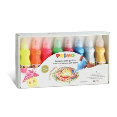 Image of Morocolor PRIMO, tempera to paint 8 washable colors for children (4 fluo + 4 metallized) in the bottle 50 ml measuring spout bright Made Italy