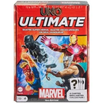 Image of Mattel Games UNO Ultimate Marvel Card Game French Version Superhero Design Captain Iron Man Black Panther Thor Special Rules 7+ Years HPT47