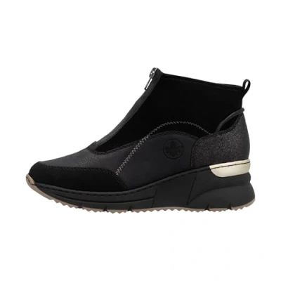 Image of Rieker N6361 wedge heel black sneaker boots with zip fastening (Black 00, UK Footwear Size System, Adult, Women, Numeric, Medium, 3.5)