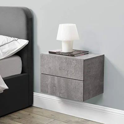 Image of [en.casa] Wall Mounted Floating Shelf with Two Drawers Bedside Table 40x29x30cm Chipboard Concrete Color
