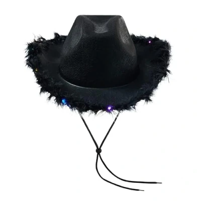 Image of Light Up Cowboy Hats for Women Fluffy Feather Brim LED Cowgirl Hat Bachelorette, Costume Party, Play Dress (Black)
