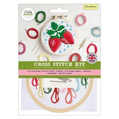 Image of Simply Make docrafts Cross Stitch Hoop Embroidery Kit, Strawberries, DIY Your Own Craft Set, for Adults, Older Children, Kids, Beginners, Experienced Crafters, Perfect Hobby