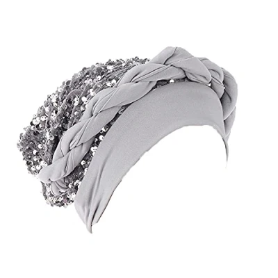 Image of JDYaoYing Twisted Braid Turban Sequins Headwear for Women Headwrap Beanie Cap Hair Cover Hat Grey