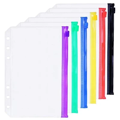 Image of 6 Pack A5 Holes Binder Zip Pockets Plastic Zipper Folders Waterproof Loose Leaf Bags Lock Envelope for Documents Notebooks Cards (Zip Pocket, A5)