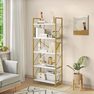 Image of YITAHOME Bookshelf, 5 Tiers Bookcase Tall Book shelf with Metal Frame, Industrial Display Storage Rack, Shelving Units for Living Room Bedroom Home Office Kitchen, Gold Shelves