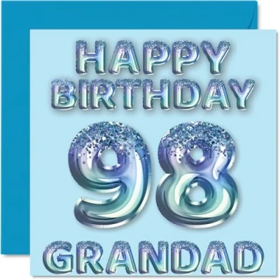 Image of 98th Birthday Card for Grandad Blue Glitter Party Balloons Happy Cards 98 Year Old from Grandson Granddaughter, 145mm x Bday Greeting Gift
