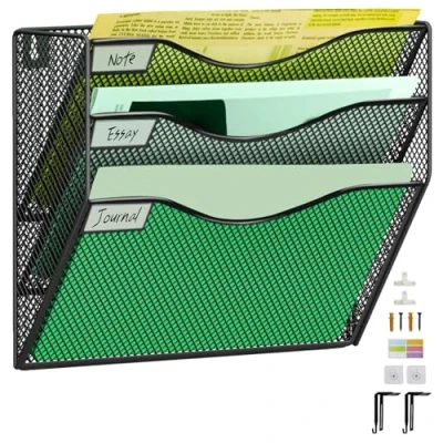 Image of IOUGDSEC 3 Tier Upgrade Mesh Wall File Holder Organizer, Medium Vertical Hanging Office Folder Magazine Rack, Nametag Label Hooks Set Included, Black