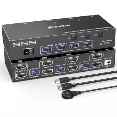 Image of USB 3.0 HDMI KVM Switch 4K@60Hz, Dual Monitor Switcher With EDID Emulator, Support Copy and Extended Display, for 3 Computers Share 2 Displays 4 Ports