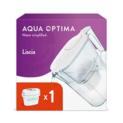 Image of Aqua Optima Liscia Water Filter Jug &amp; 1 x 30 Day Evolve+ Cartridge, 2.5 Litre Capacity, for Reduction of Microplastics, Chlorine, Limescale and Impurities, White (Packing May vary)