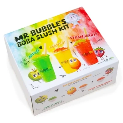 Image of Slush Bubble Tea Gift Box Mr Bubble’s Bobaslush Selection Makes 9 Drinks Squishy Bobalife Slushy Cup Flavoured Syrups Strawberry, Green Apple, Mango Vegan &amp; Gluten free