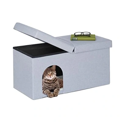 Image of Relaxdays Bench Seat with Cat Cave, Folding, Indoor Pet Hideaway, Ottoman Lid, HWD: 38.5 x 74.5 37 cm, Grey, Fibreboard