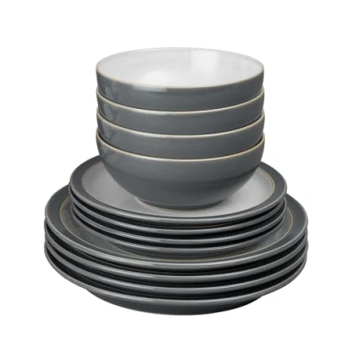 Image of Denby Elements Fossil Grey Dinner Set For 4 12 Piece Ceramic Tableware Dishwasher Microwave Safe Crockery x Plates, Medium Cereal Bowls
