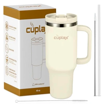 Image of Cuplax Tumbler with Straw and Lid 40 oz Handle, Leakproof 2 in 1 Airtight Double Walled Stainless Steel, Insulated Cup for Cold &amp; Hot Drinks Water Bottle, Travel.