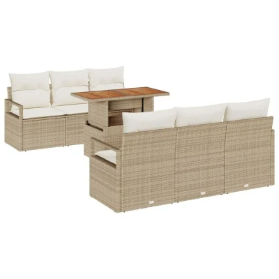 Image of vidaXL 7 Piece Garden Sofa Set with Cushions Beige Poly Rattan Acacia