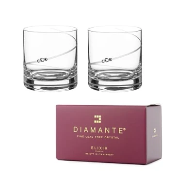 Image of DIAMANTE Whisky Glasses Crystal Short Drink Tumblers Pair with ‘Silhouette’ Collection Hand Cut Design Set of 2