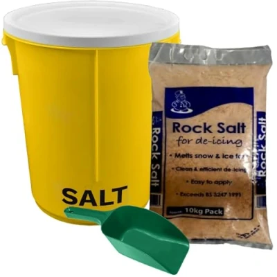 Image of KetoPlastics 25L Yellow Grit Salt Bin 43cm with Lid and 10kg Brown De icing for Driveway, Path Patio Scoop
